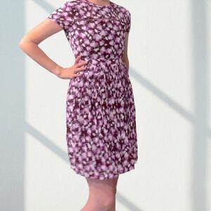 Banana Republic Purple Floral Short Sleeve Pleated Fit & Flare Dress